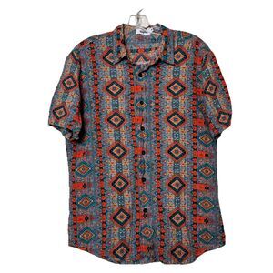 Vatpave Aztec Geometric Button Down Short Sleeve Shirt Rust Blue Men’s size M